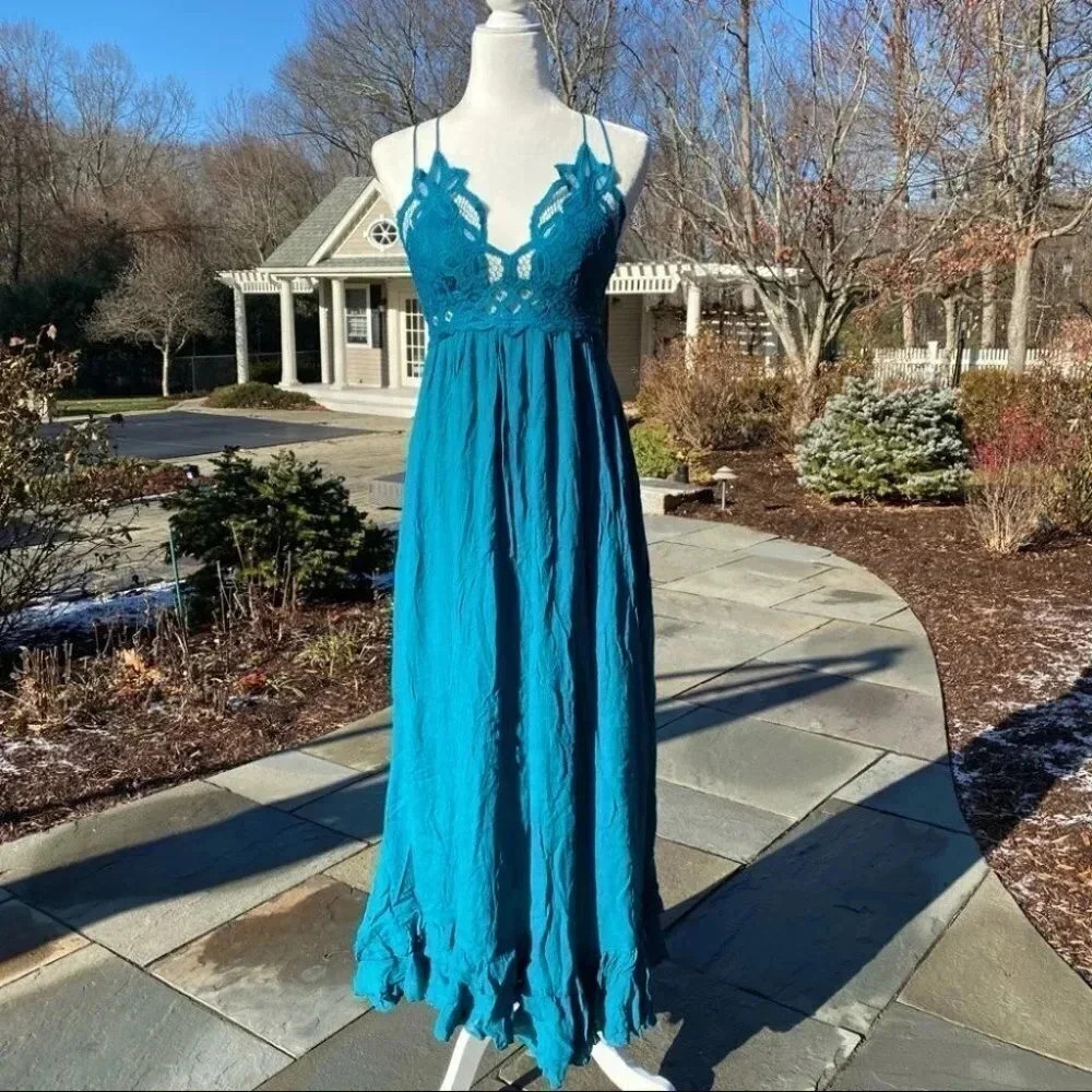 Free People Adella Maxi Slip Dress Long Lace in Teal Jewel Blue